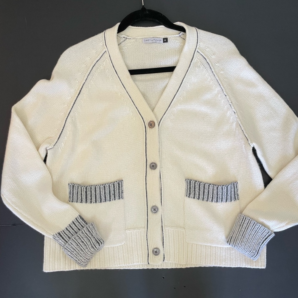 Women’s Zaket & Plover White Blue Merino Wool Blend Cardigan With Pockets Size M - Picture 5 of 8